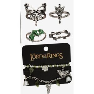 The Lord Of The Rings Elven Bracelet Set of 2 Silver Beaded Green & 4 Rings Set